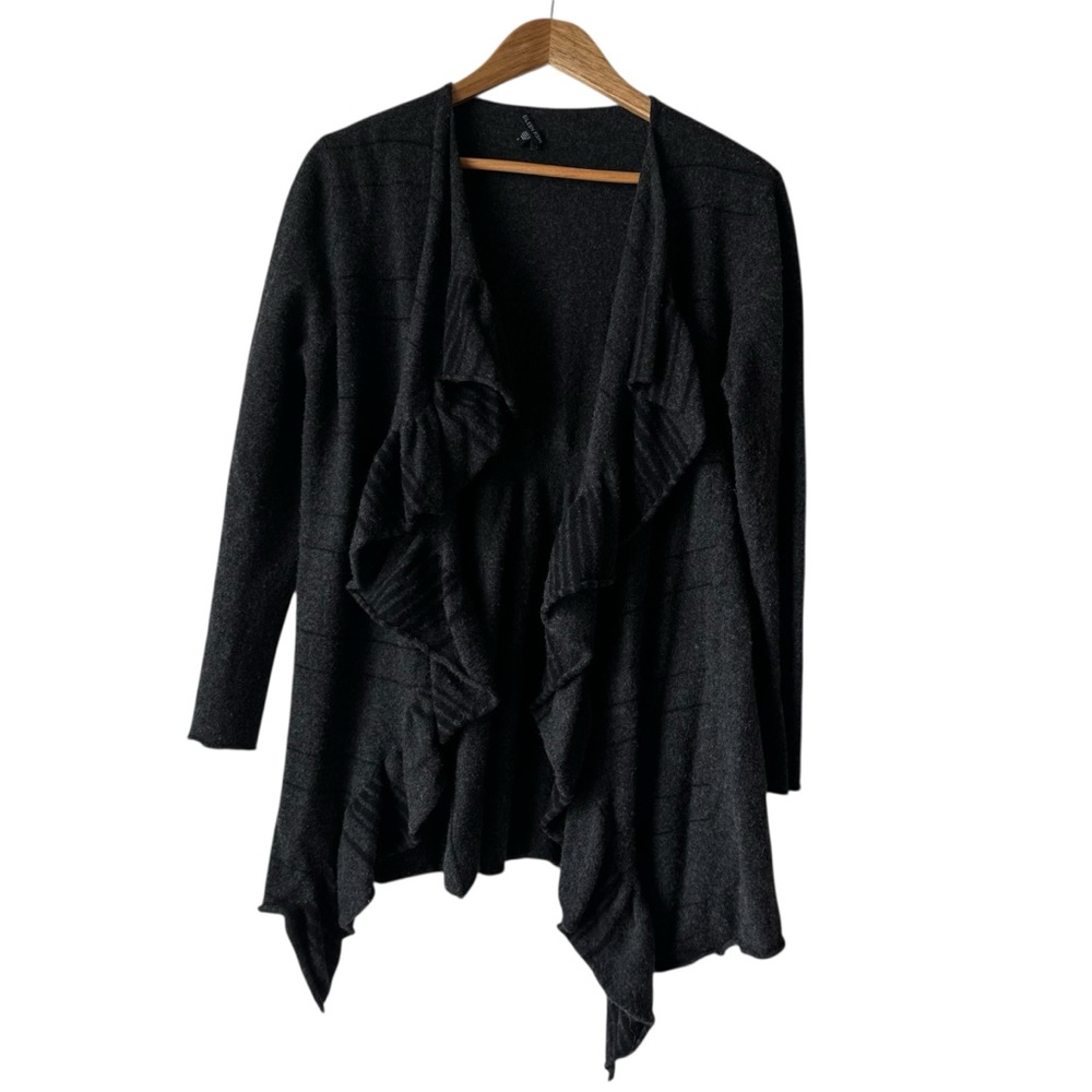 Eileen Fisher Merino Wool-Cashmere Blend Waterfall Cardigan in Gray Black Stripe